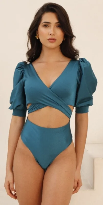 Napoli One Piece Swimsuit - Puff Sleeves Top High-cut Scrunch Bottom - Teal Blue