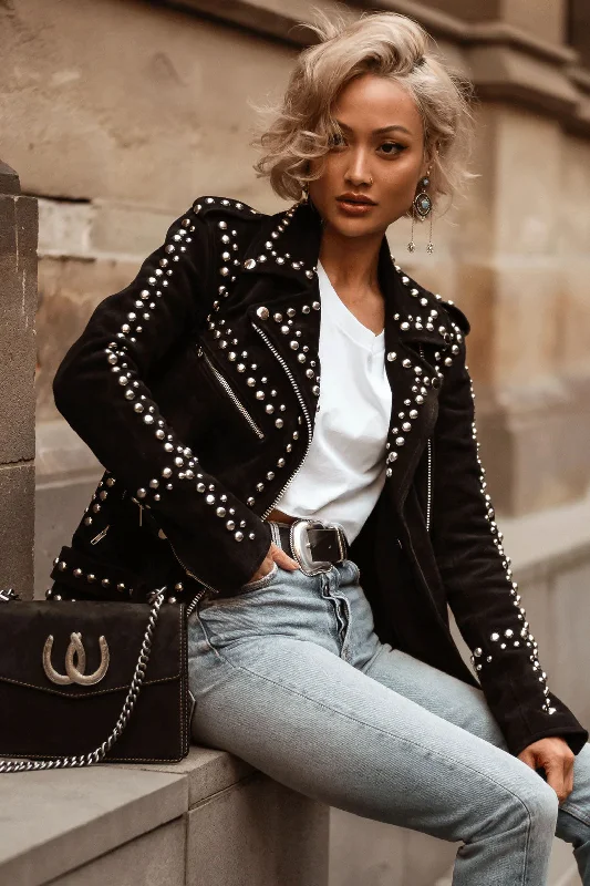 New 2024 Black Style Silver Studded Suede Leather Biker Jacket For Women