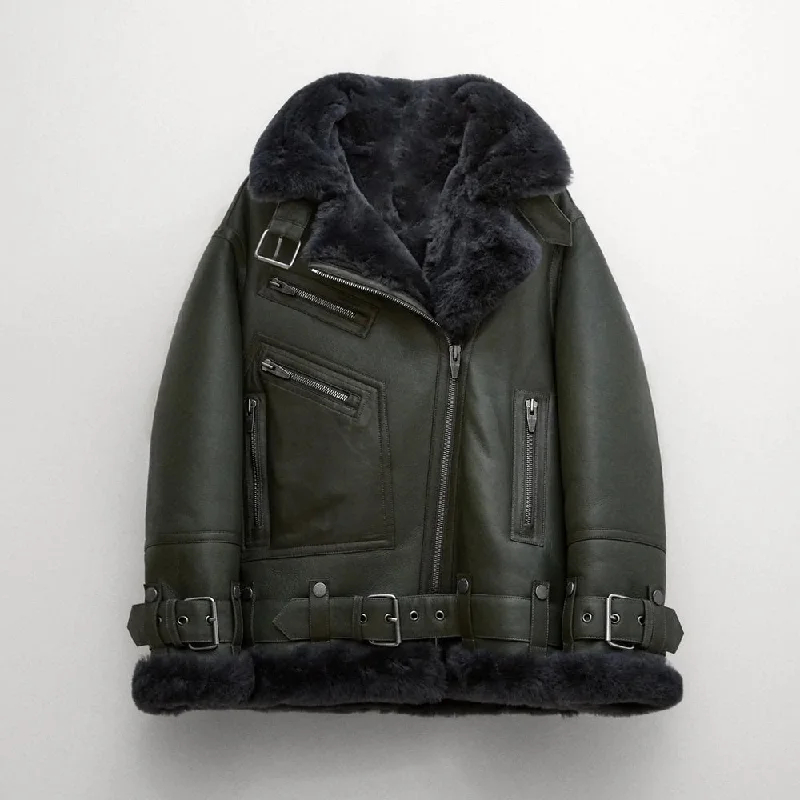 New 2024 Sheepskin Green RAF Aviator Styled Shearling Leather Jacket