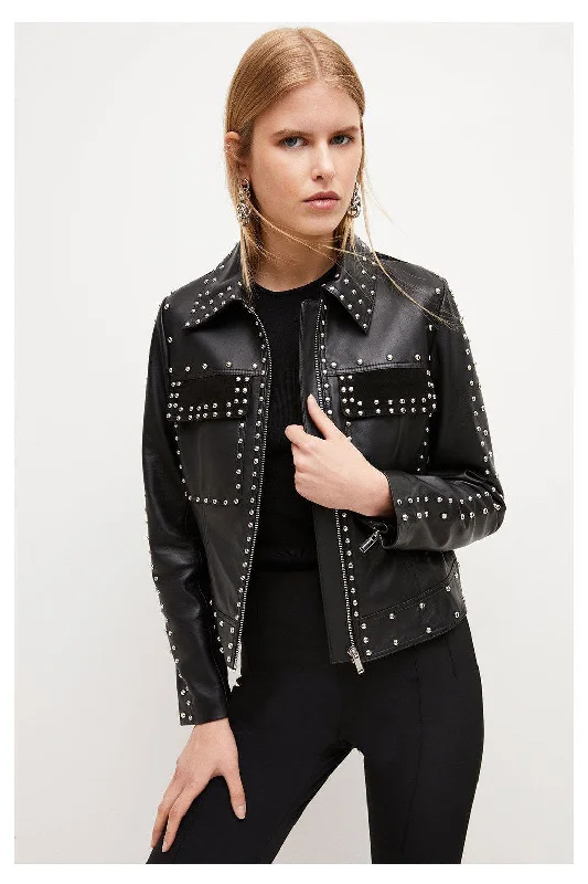 New Black Silver Spiked Studded style Leather Biker Jacket For Women