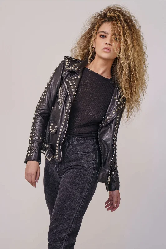 New Black Studded Leather Style Silver Biker jacket For Women