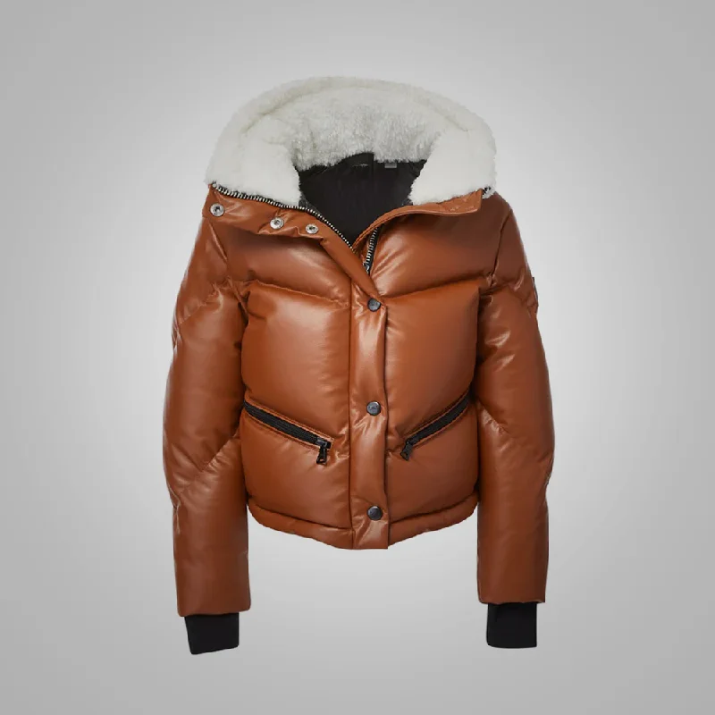 New Brown Women Puffer Bubble Fur Collar Lambskin V-Bomber Leather Jacket