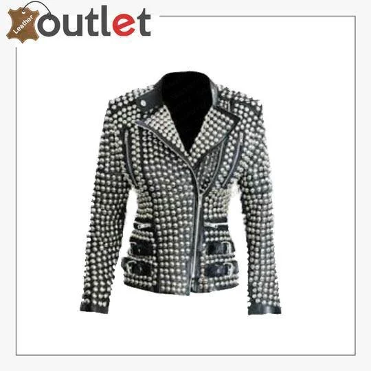 New Handmade Women's Black Fashion Golden Studded Punk Style Leather Jacket