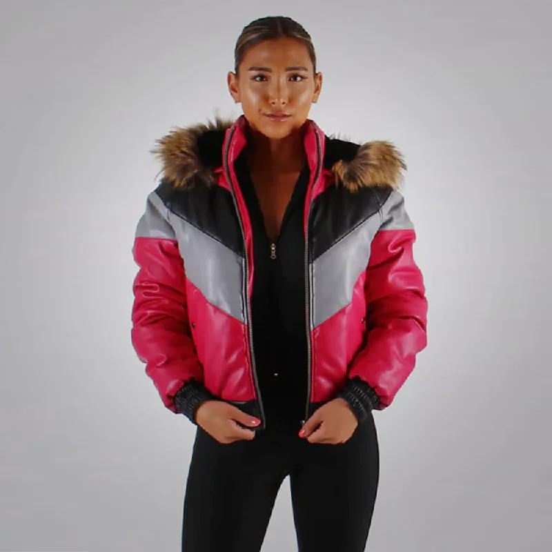 New Multi Colour Women Bubble Leather V-Bomber Faux Fur Hood Jacket