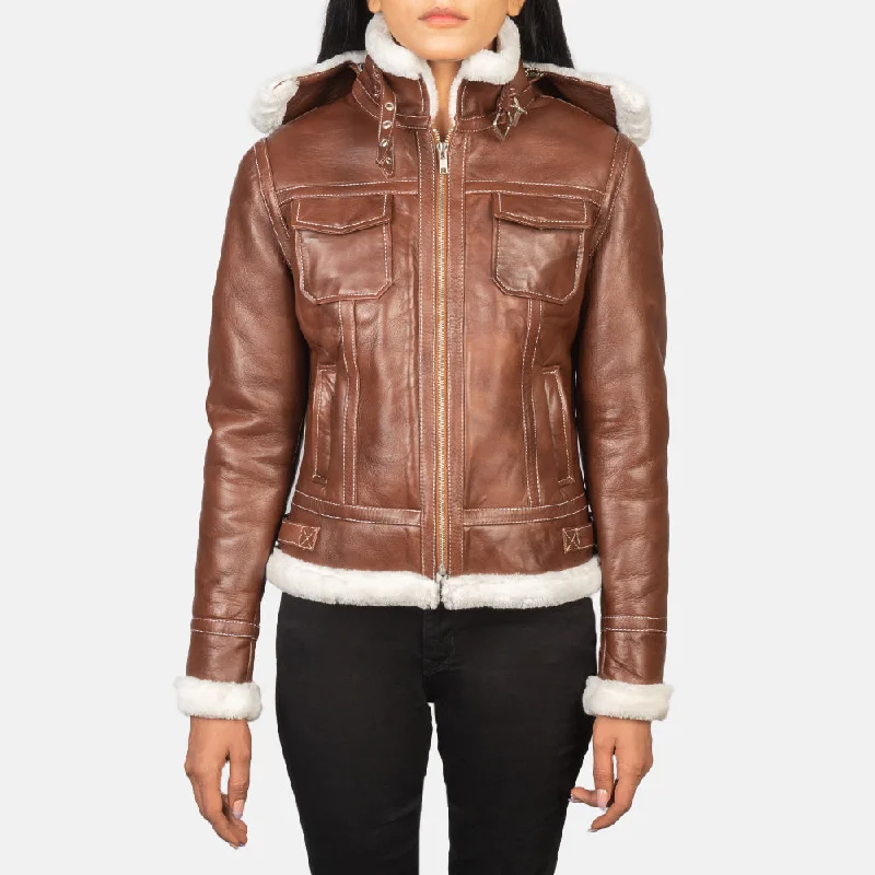 New Women Fiona Brown Hooded Shearling Leather Jacket