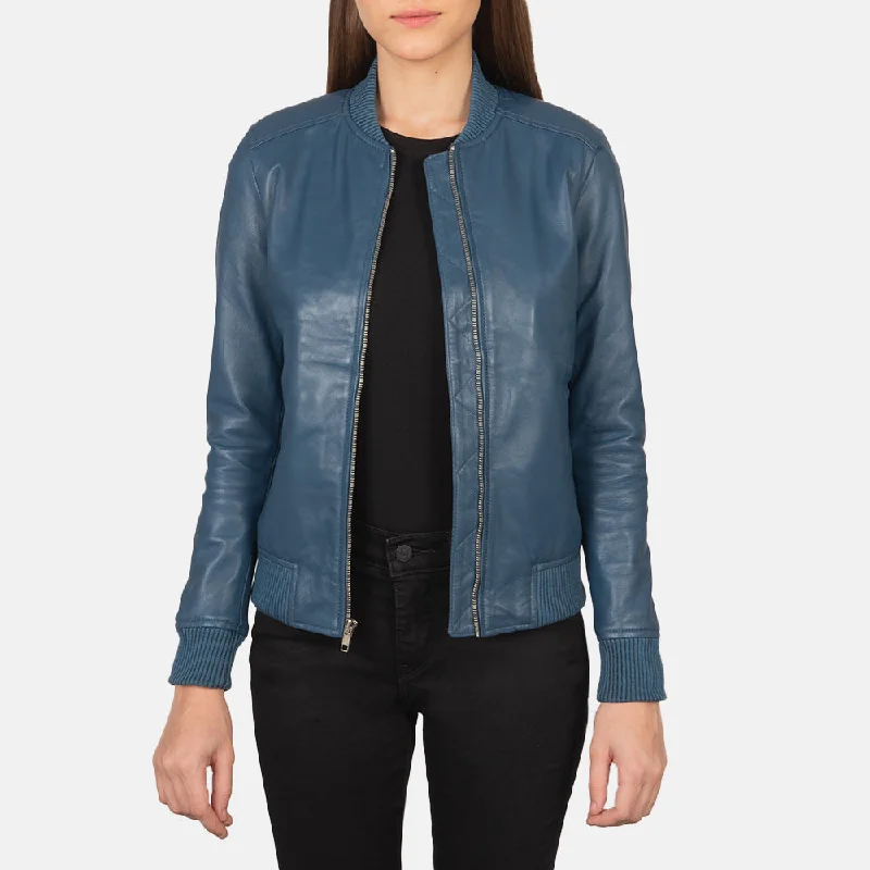 New Women A1 Flight Bliss Blue Leather Bomber Jacket