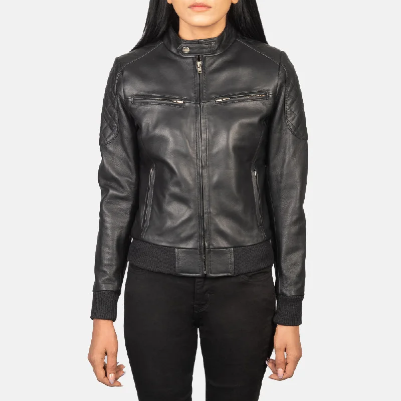 New Women Flight Zenna Black Leather Bomber Jacket