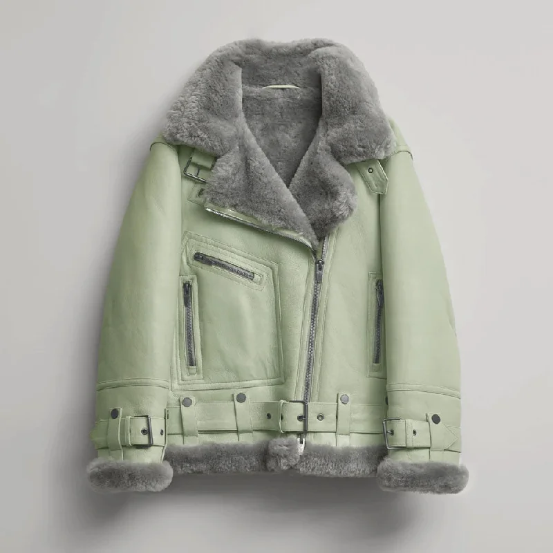 New Women Lambskin Shearling Green RAF Aviator Styled  Leather Jacket