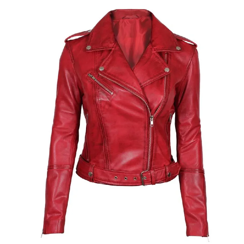 New Women Sheepskin Stylish Red Leather Biker Jacket