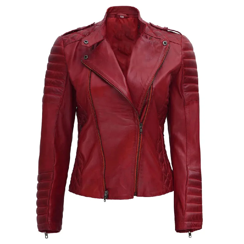 New Women's Red Sheepskin Leather Motorcycle Jacket