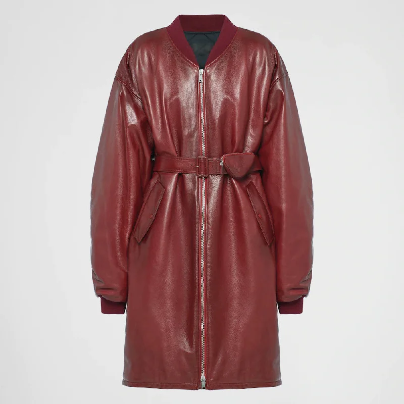 New Women's Sheepskin  Red Oversized Leather Bomber Jacket