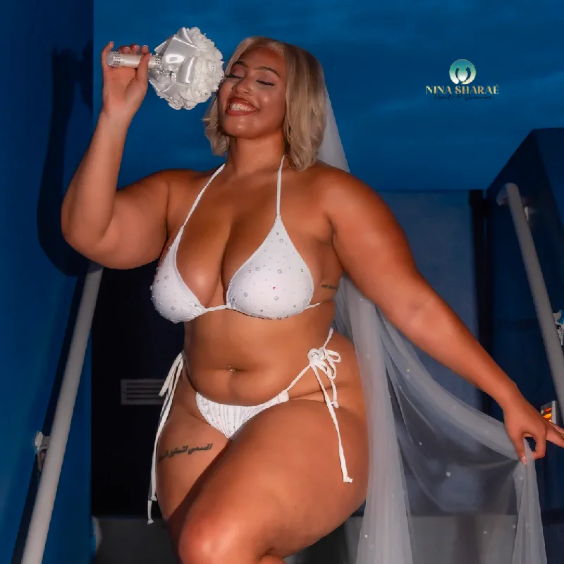 Nina Sharae | Bridal Mermaid Bikini or Hight Waist 2 Piece Swimsuit with Pearls & Rhinestone | Mermaid Tail Veil