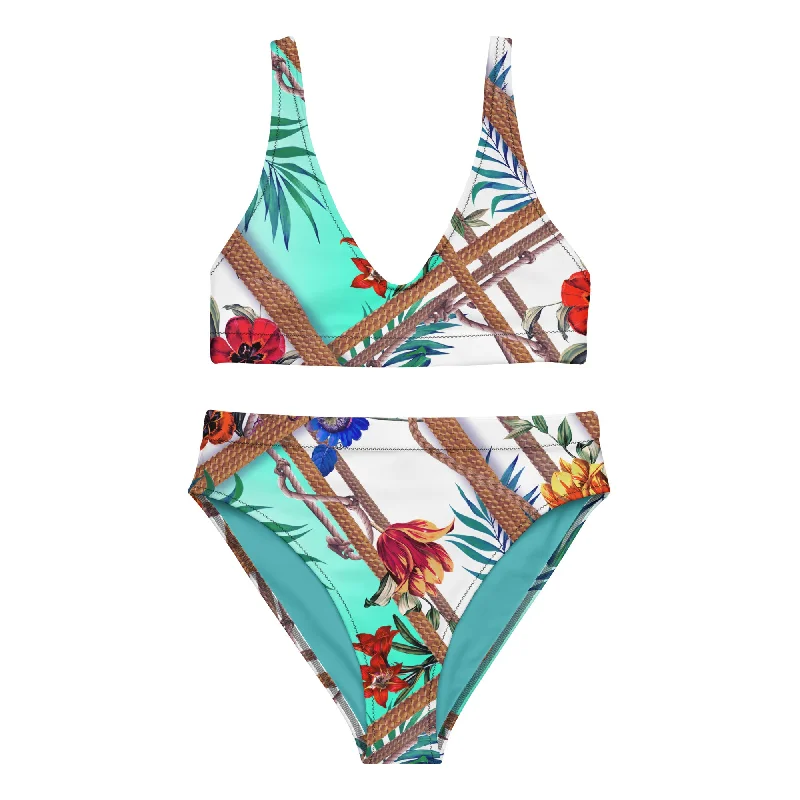 Nina Sharae Resort & Swimwear: High-Waisted Print Bikini Panties and Top | Blue Pink Flower Hawaiian Rope Print