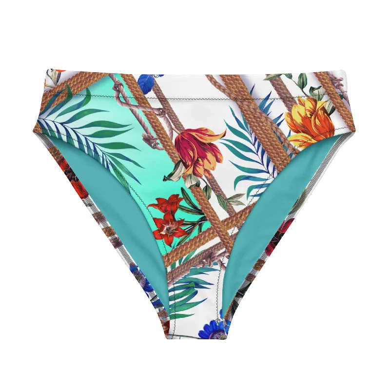 Nina Sharae Swimwear | Blue & White Hawaiian Rope Flowers Recycled High-Waisted Bikini Bottom Only