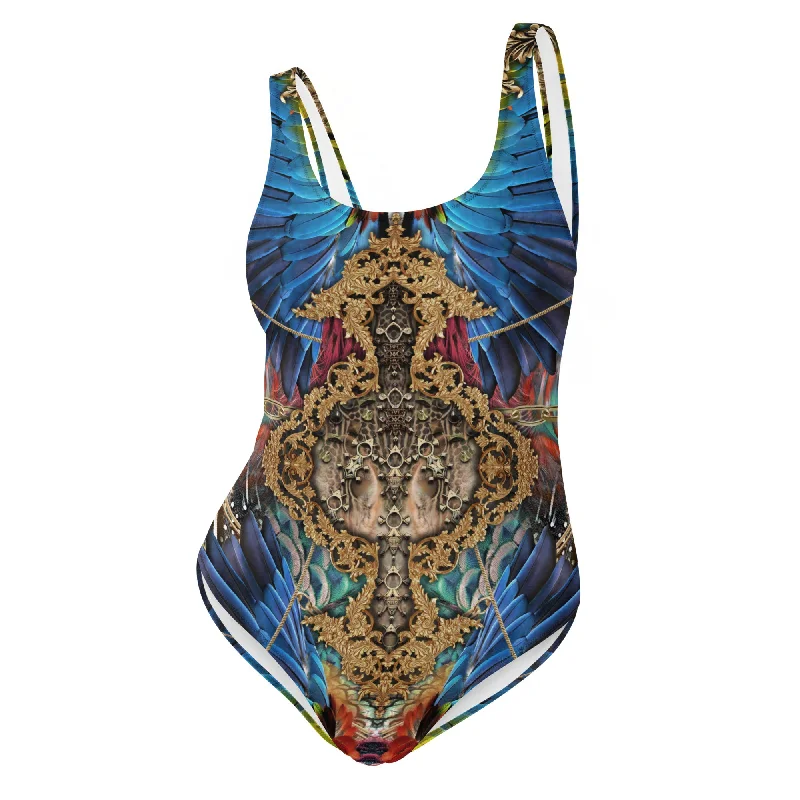 Nina Sharae Swimwear | One-Piece Swimsuit - Red, Blue Tribal Chain Prints