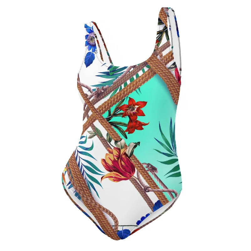 Nina Sharae Swimwear | One-Piece Swimwear Bathing Swimsuit | Blue, Orange Tropical Flowers  Ropes and Chains