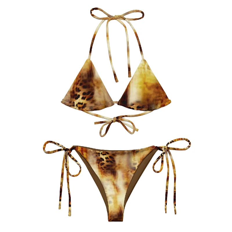 Nina Sharae Swimwear | Two Piece Triangle Halter String Cheeky Bikini Set UPF 50+ | Carmel Leopard  Print