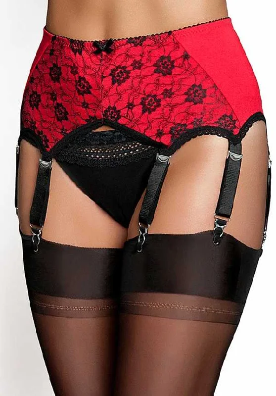 6 Strap Plus Size Pull On Suspender Belt with Contrast Red Lace