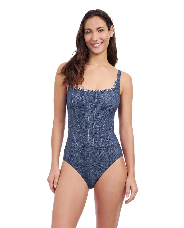 Profile By Gottex Isabelle Embroidered Square Neck One Piece Swimsuit