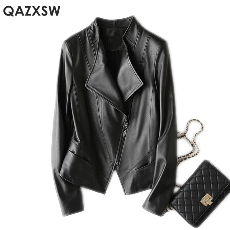 QAZXSW Genuine Leather Jacket 2019 New Women Fashion Plus Size Leather Sheepskin Bomber Jacket Short Leather Coat Female LH1274