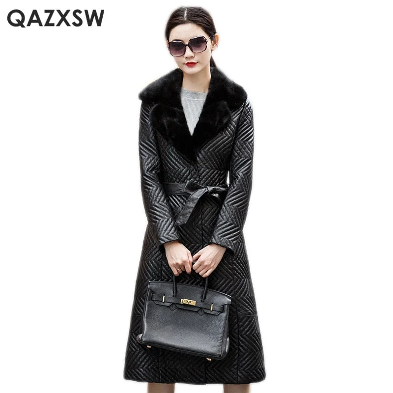 QAZXSW Leather Sheepskin Coat 2019 New Winter Women Genuine Leather Jacket Plus Size Overcoat Mink Fur Collar Long Jacket LH1278