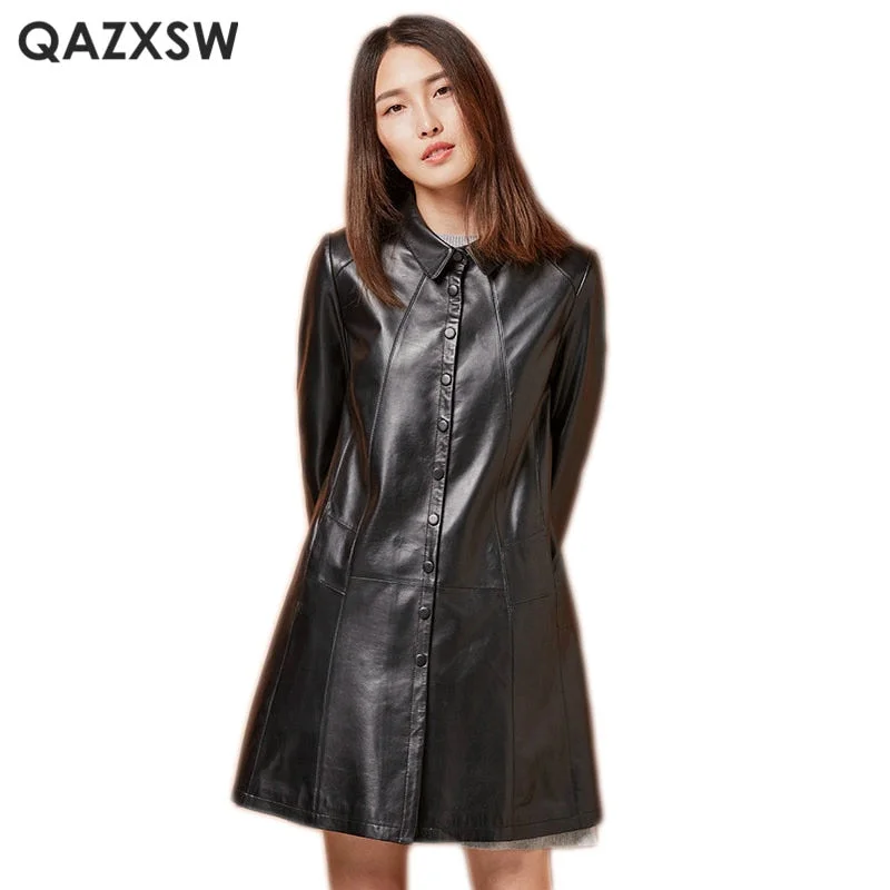 QAZXSW Plus Siz Leather Sheepskin Coat 2019 New Women Single Breasted Mid-long Jacket Genuine Leather Jacket LH1281