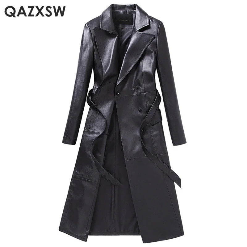 QAZXSW Plus Size Genuine Leather Jacket Women Fashion Long Leather Coat Female Overcoat Autumn Casual Leather Jacket LH1279