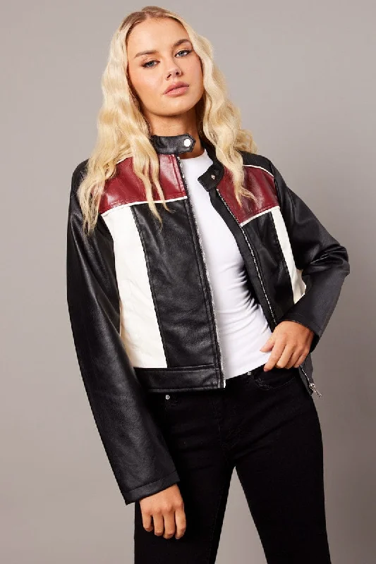 Red Jacket Colour Block Long Sleeve Zip Faux Leather