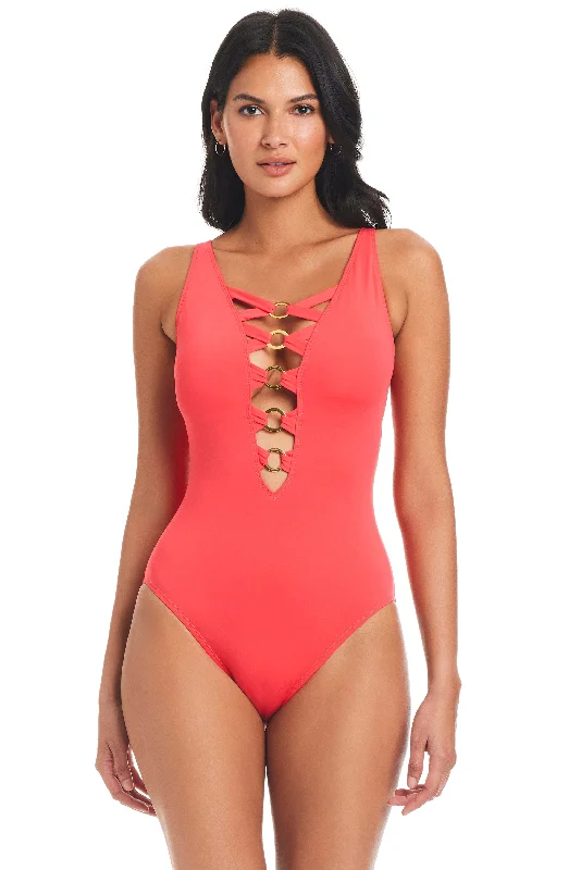 Ring Me Up Plunge Lace Down One-Piece Swimsuit