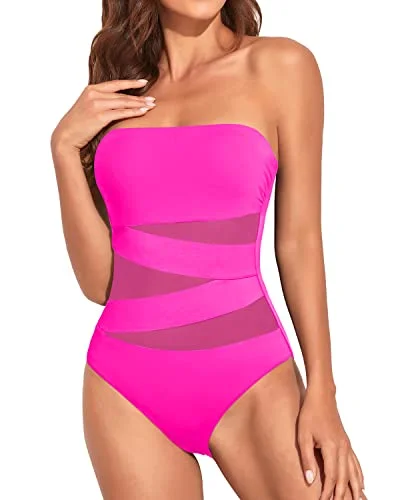 Ruched Tummy Control One Piece Swimsuits Strapless Bandeau Bathing Suits-Neon Pink