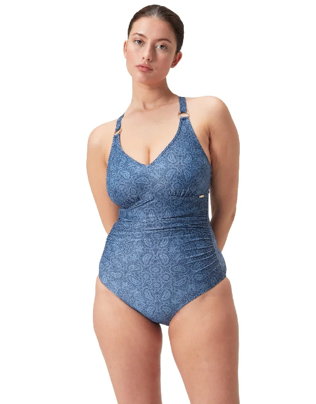 Shaping Printed V Neck Swimsuit - Washed Blue