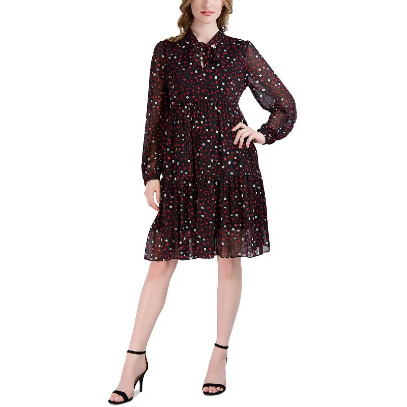 Signature By Robbie Bee Womens Petites Chiffon Polka Dot Fit & Flare Dress