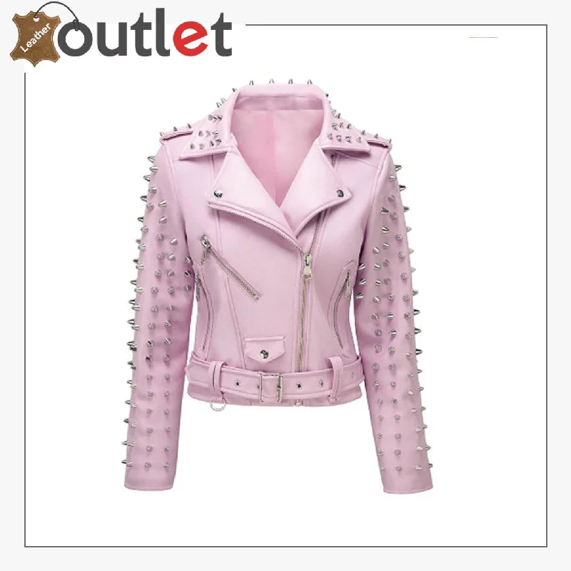 Soft Pink Studded Leather Biker Jacket