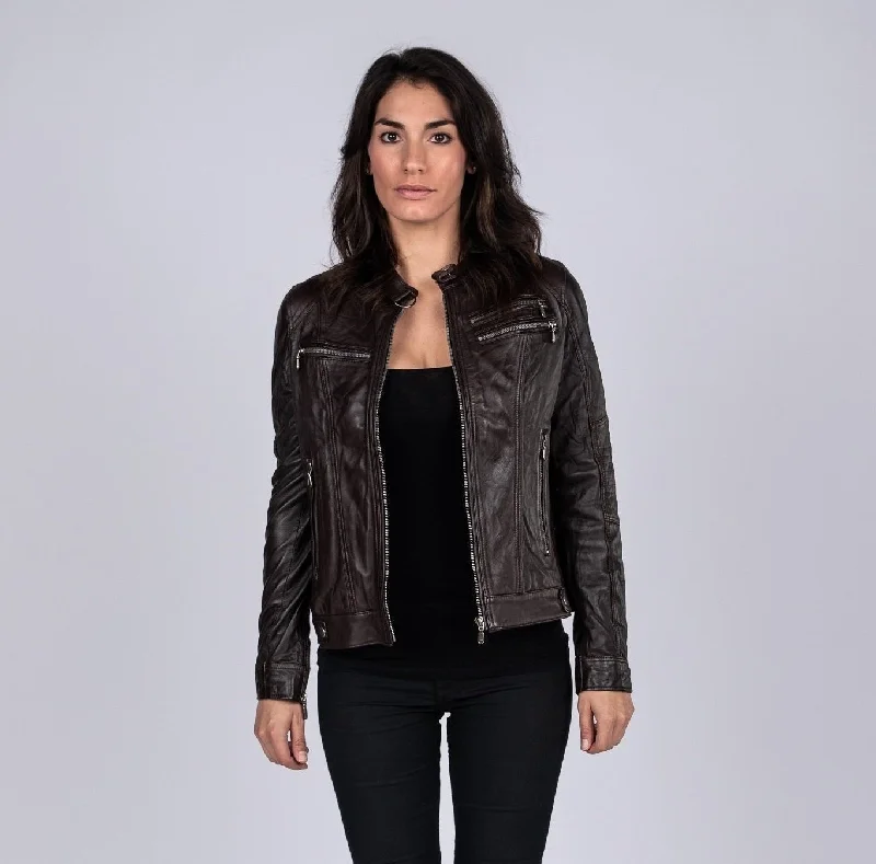 Ladies Elektra Washed Leather Jacket Brown