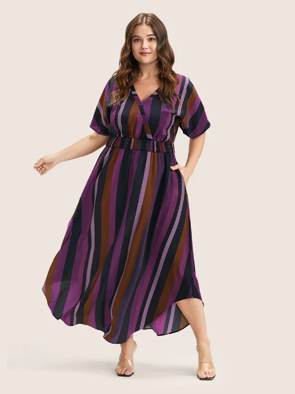 Striped Dolman Sleeve  Pocket Shirred Flutter Wrap Dress