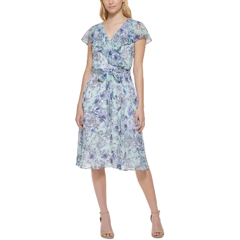 Tommy Hilfiger Womens Petites Chiffon Floral Fit & Flare Dress