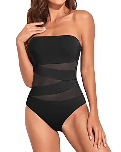 Strapless Bandeau Bathing Suits For Women With Tummy Control-Black