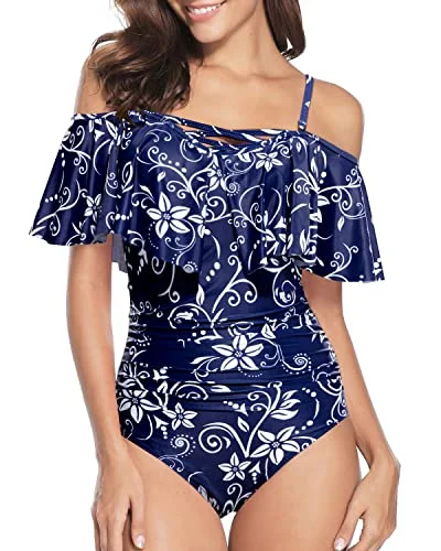 Vintage Ruffle One Piece Swimsuits for Women Off Shoulder Swimwear