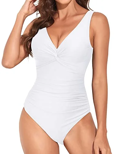 V Neck Twist Front Monokini Vintage Tummy Control Swimsuit-White