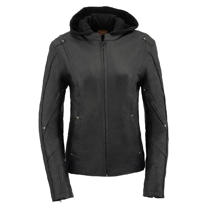 Women Black 3/4 Hooded Leather Jacket with Side Stetch Fit