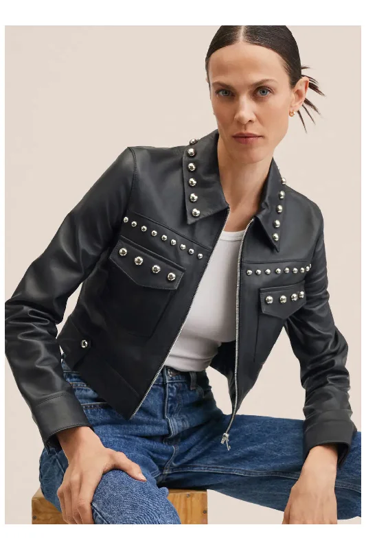 Women Black  style Silver Spiked Studded Motorcycle Leather Biker Jacket