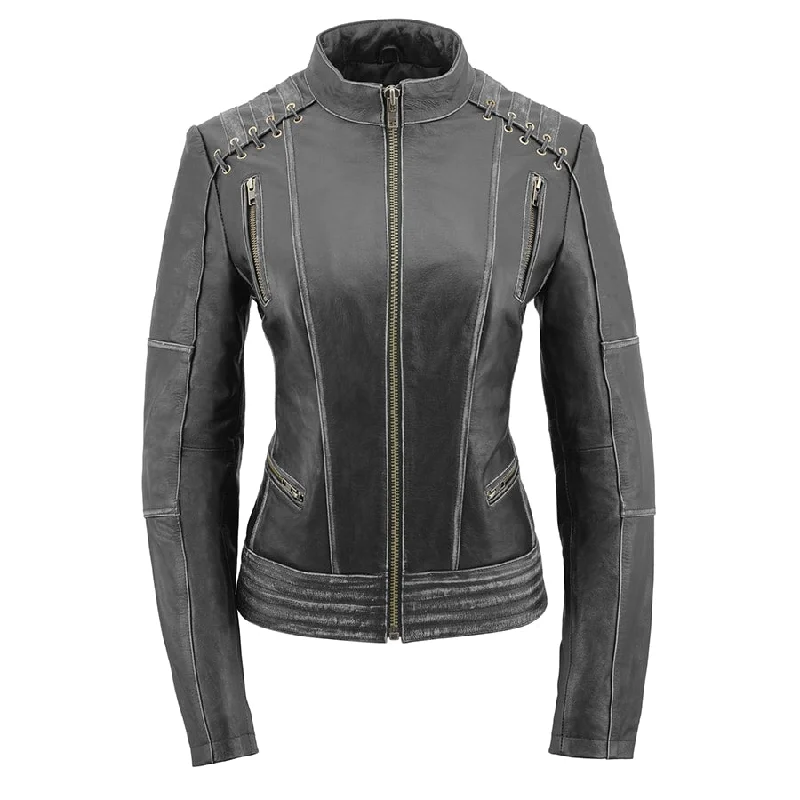 Women Distressed Black Leather Jacket with Lace & Star Accents