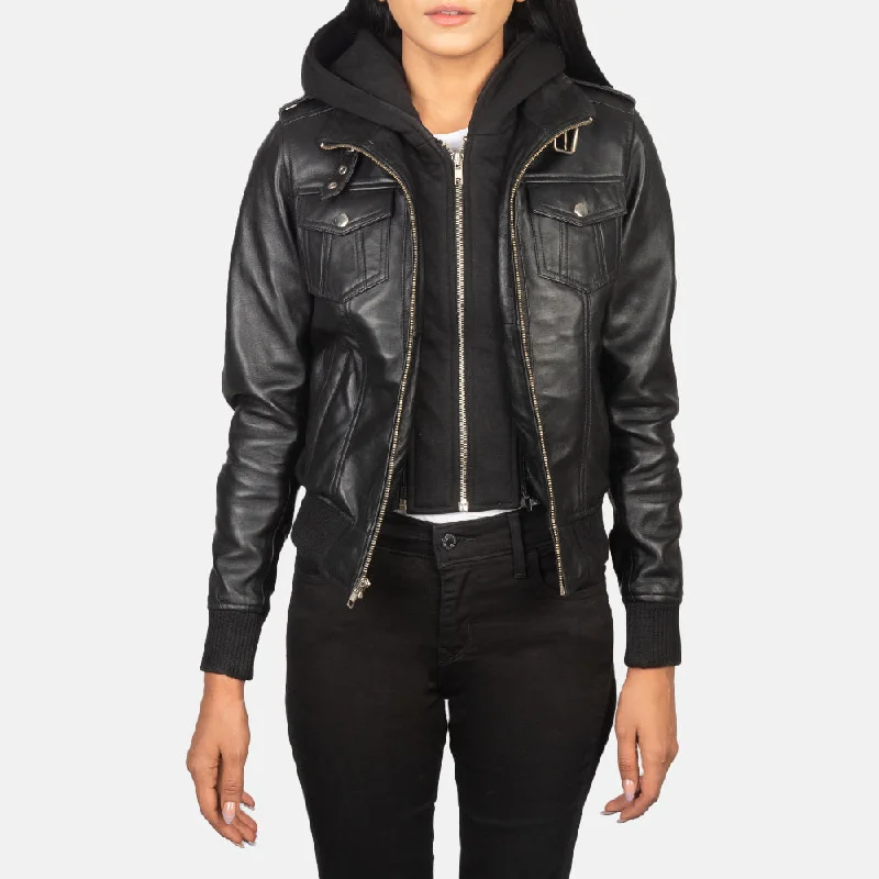 Women Flight  Black Hooded Leather Bomber Jacket