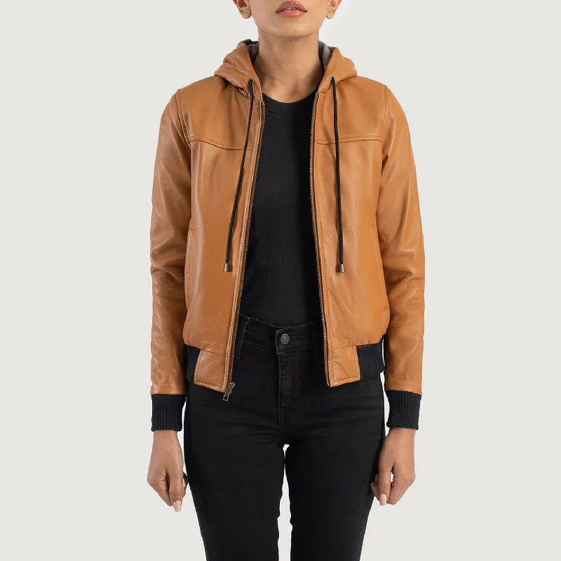 Women Flight Rebella Sheepskin Brown Hooded Leather Bomber Jacket