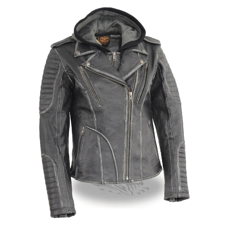 Women’s Black Rub-off M/C Jacket w/ Full Hoodie Jacket Liner