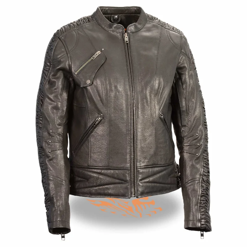 Women’s Lightweight Black Racer Jacket w/ Crinkled Arm Detailing