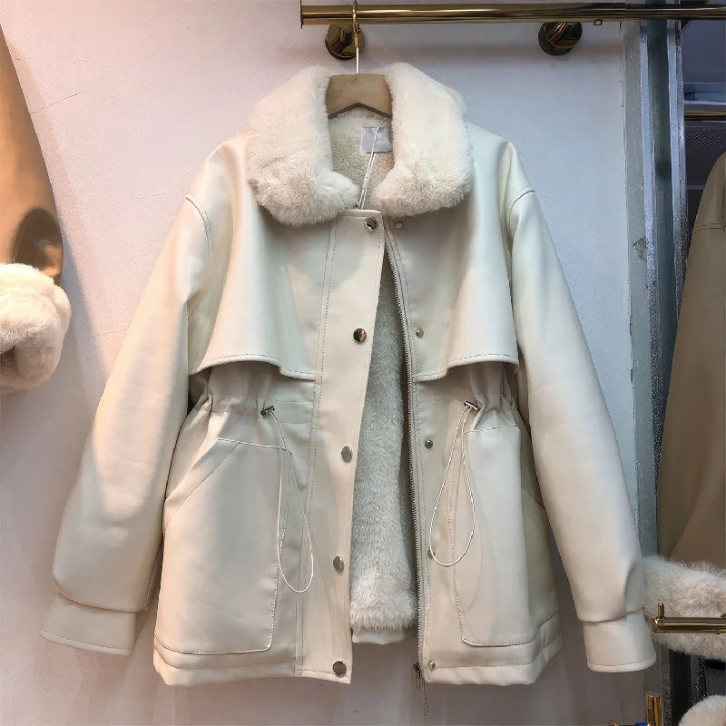 Women’s White Genuine Sheepskin Sherpa Shearling Faux Fur Lined Casual Fashion Thick Oversized Waist Drawstring Leather Jacket