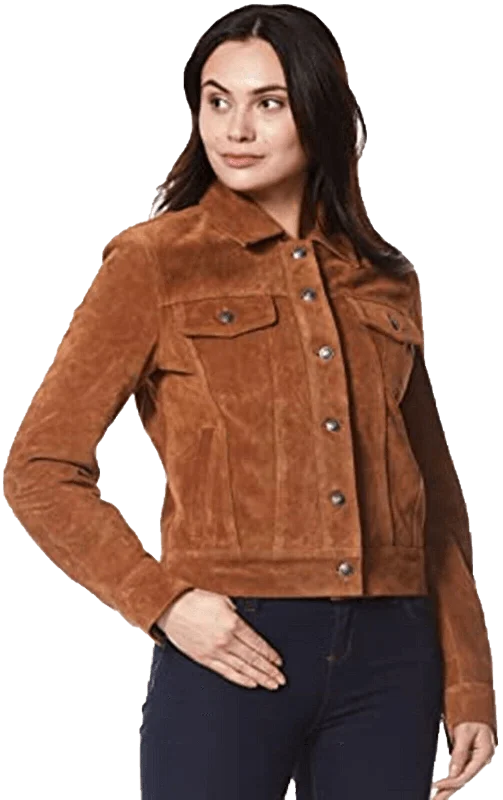 Women Trucker Real Leather Jacket Tan Suede Casual Fashion Shirt Jacket 1680 | Women Trucker Suede Leather Jacket