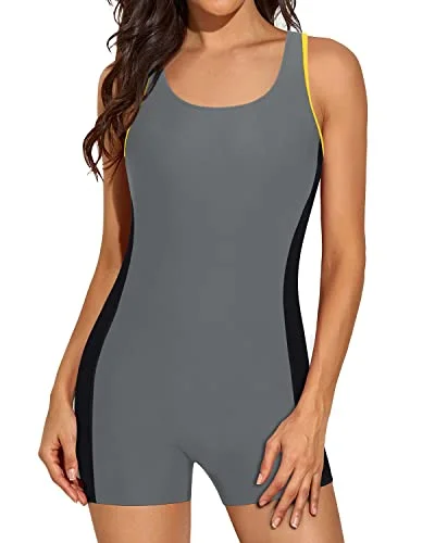 Racerback Women's One Piece Swimsuit With Boy Shorts-Black Grey