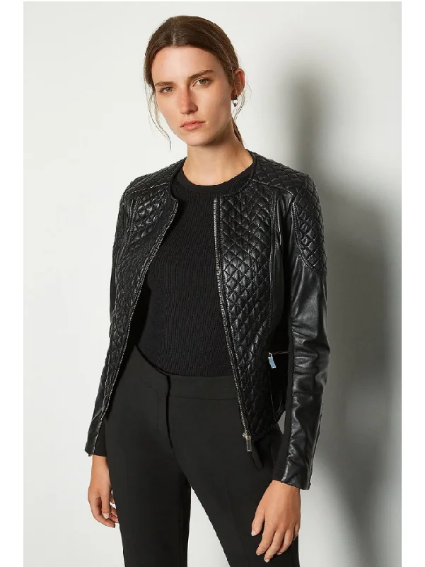 WOMEN’S BLACK LEATHER BIKER JACKET CREW NECK